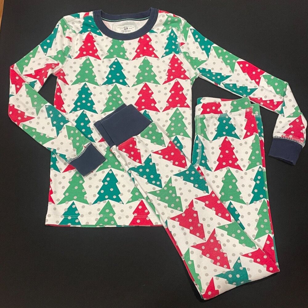 ~~ CREWCUTS Kids Sz 10 Christmas Tree PJs J.Crew Pajamas Set Sleepwear Green/Red